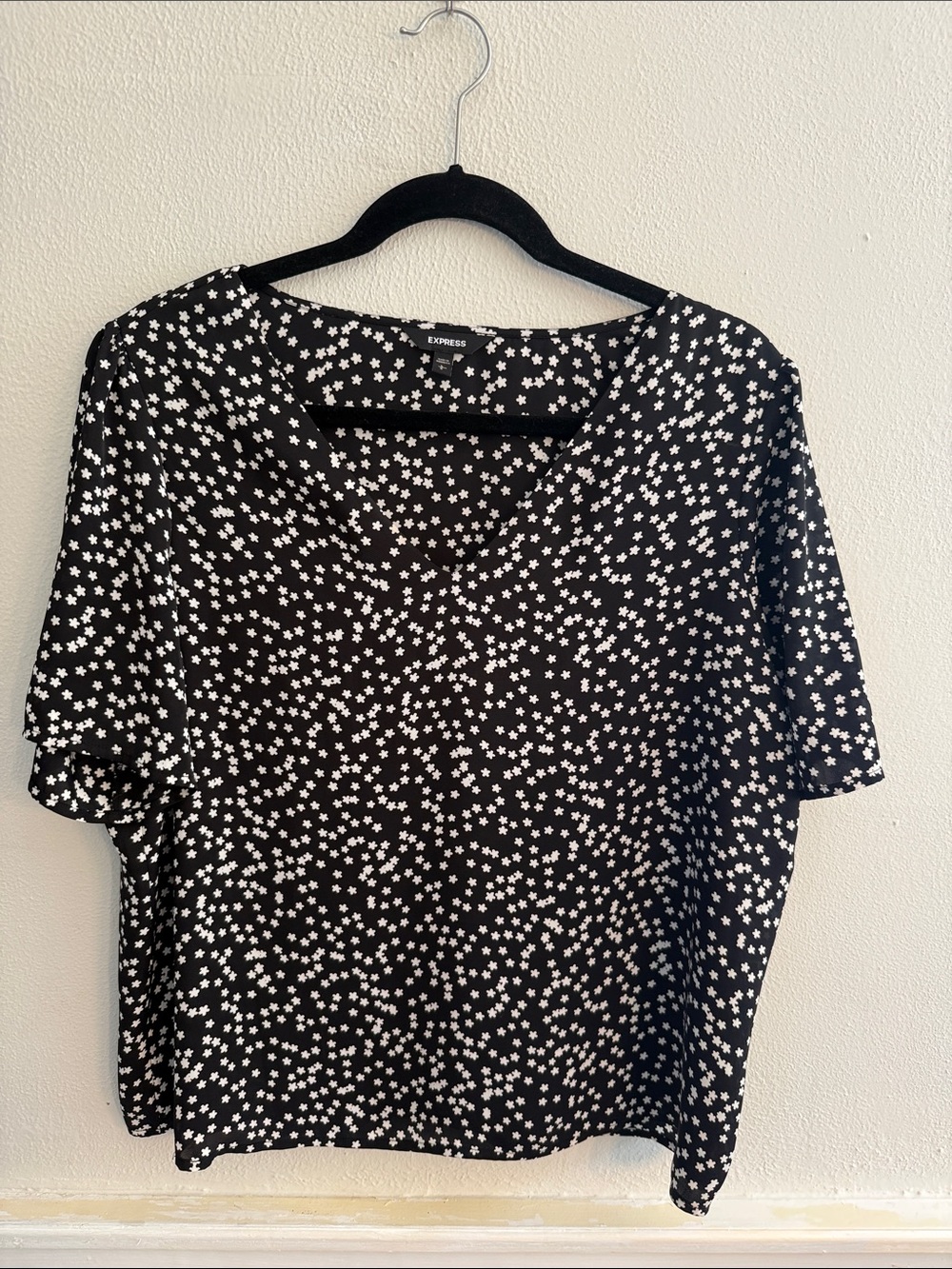 Express Black Short-Sleeve V-Neck Top with White Star Print